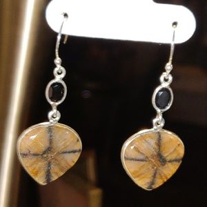 Natural Chiastolite Cross Stone & Onyx Earrings